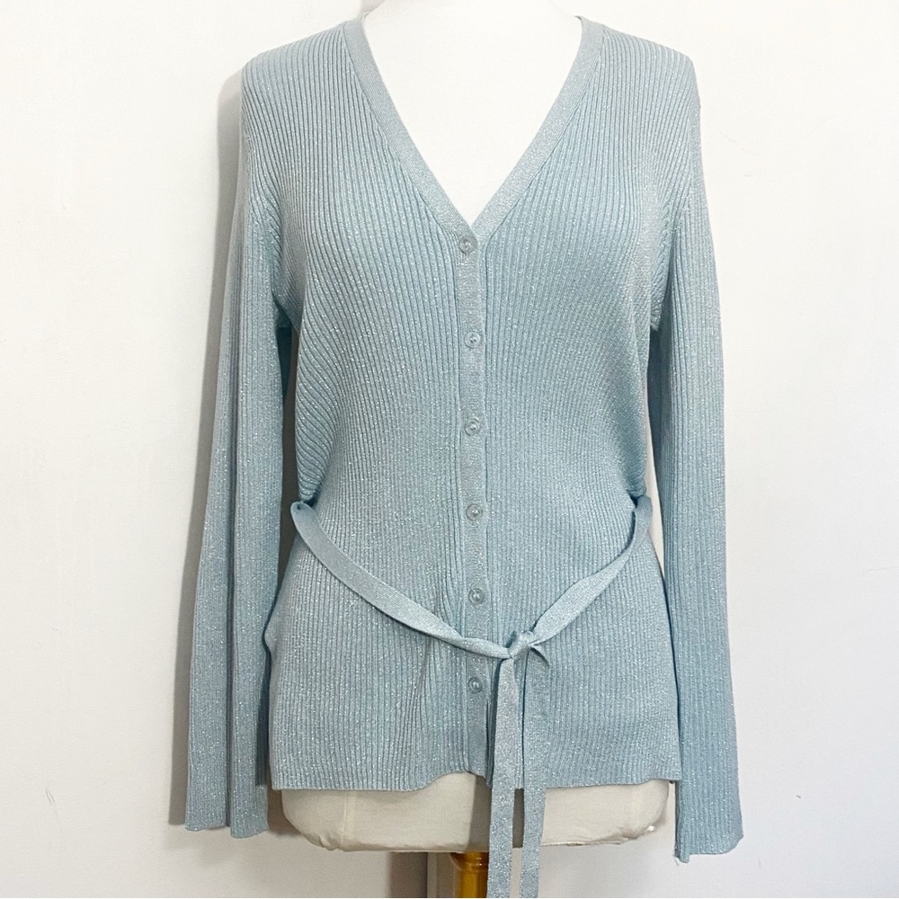 Reference Point Sparkly Light Blue Gray Rib Knit Belted Cardigan Sweater M